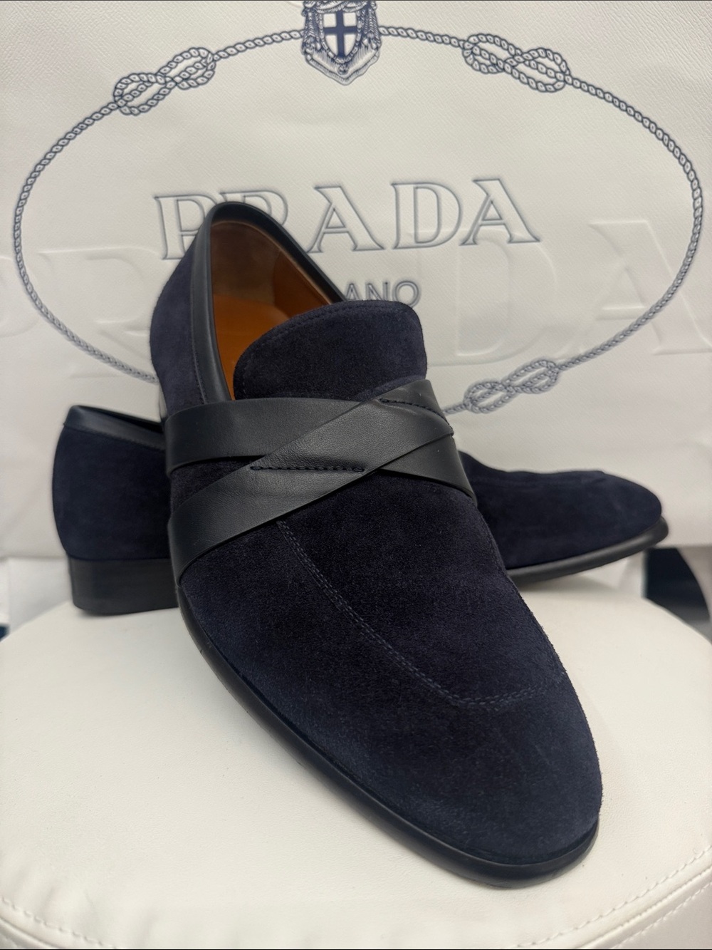 Ermenegildo Zegna Navy Suede Loafers with Black Leather Strap